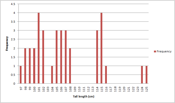 Frequency 100 101 102 103 104 105 107 Tail length (cm) 118 119 120 121 123 124 125 Frequency