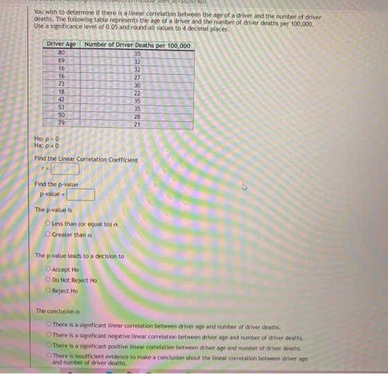 Id=5b2b1960 You wish to determine if there is a linear correlation between the age of a driver and the number of driver death