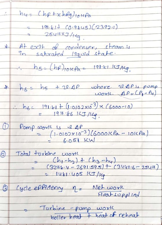 hu= Chptxhpg) 104Pa 191617 C0.980s)(2392) 255kThen At exit of condenser, cteam is in saturated liquid state. hs. (hp) oke pa