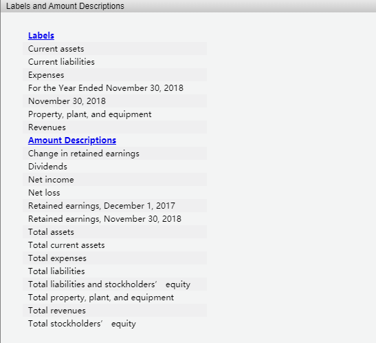 Labels and Amount Descriptions Labels Current assets Current liabilities Expenses For the Year Ended November 30, 2018 Novemb