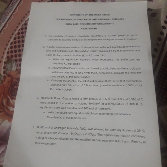 UNIVERSITY OF THE WEST INDIES DEPARTMENT OF BIOLOGICAL AND CHEMICAL SCIENCES CHEM 0015s PRELIMINARY CHEMISTRY 1 ASSIGNMENT t