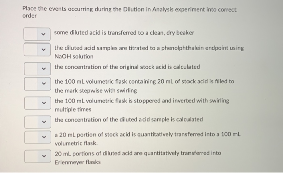 Place the events occurring during the Dilution in Analysis experiment into correct order some diluted acid is transferred to