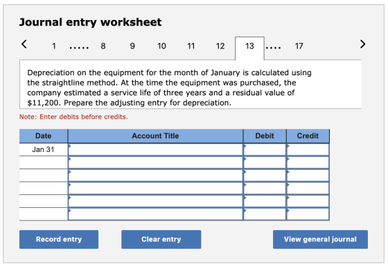 Journal entry worksheet 1 8 9 10 11 12 13 17 Depreciation on the equipment for the month of January is calculated using the s