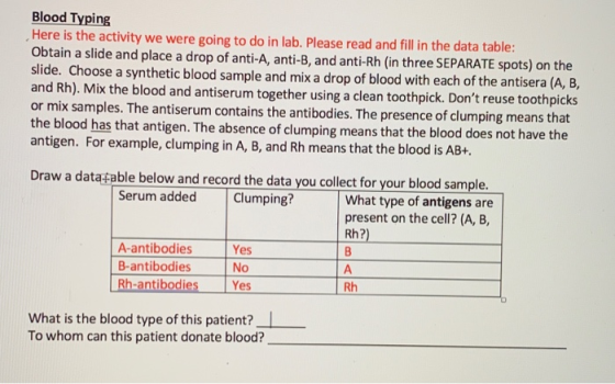 Blood Typing Here is the activity we were going to do in lab. Please read and fill in the data table: Obtain a slide and plac