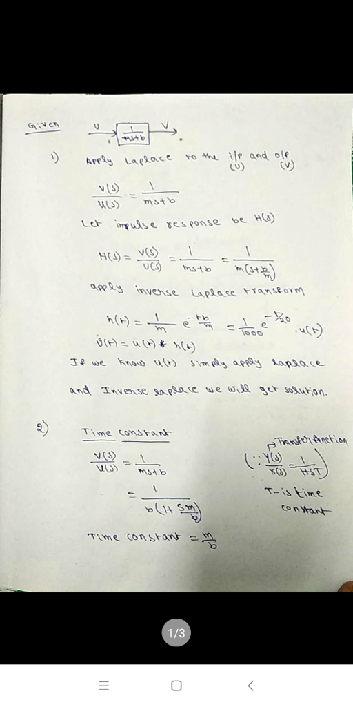 CU) (V) vS Smst myuǐse response be H(s) inveise Laplace ransorn looo .4(ト Time conStor T-is time Sm Time constant m 1/3