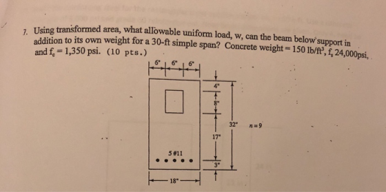 IJsing transformed area, what allowable uniform load, w, can the beam below support in addition to its own weight for a 30-ft simple span? Concrete weight 150Ib/f, f,24,000psi, and f 1,350 psi. (10 pts.) 17 5#11 3