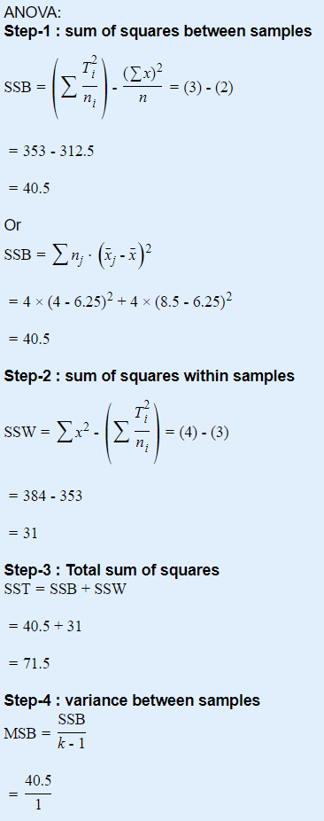 ANOVA: Step-1 : sum of squares between samples T SSB = (Σ = (3) - (2) ni (Ex)2 n = 353 - 312.5 = 40.5 Or SSB = En; · (; -7) =