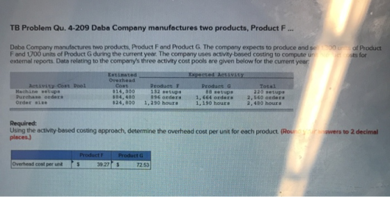 TB Problem Qu. 4-209 Daba Company manufactures two products, Product F... Daba Company manufactures two products, Product F a