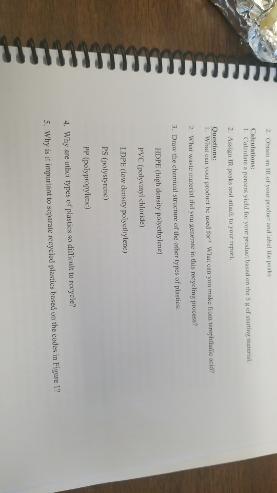 2. Obtain an IR of your product and label the peaks Calculations: I. Calculate a percent yield for your product based on the 5 g of starting material. 2. Assign IR peaks and attach to your report. Questions: I. What can your product be used for? What can you make from terephthalic acid? 2. What waste material did you generate in this recycling process? 3. Draw the chemical structure of the other types of plastics HDPE (high density polyethylene) PVC (polyvinyl chloride) LDPE (low density polyethylene) PS (polystyrene) PP (polypropylene) 4. Why are other types of plastics so difficult to recycle? 5. Why is it important to separate recycled plastics based on the codes in Figure 1?