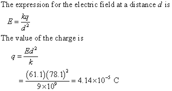 The expression for the electric field at a distance d is ka The value of the charge is Ed2 (6,1)(7.1) = 4.14 x 10-5 C 9x10