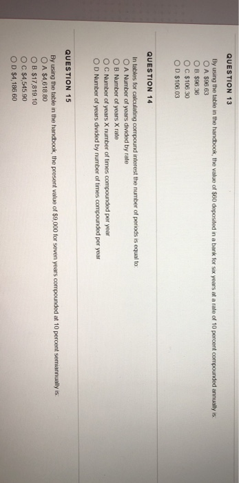 QUESTION 13 By using the table in the handbook, the value of $60 deposited in a bank for six years at a rate of 10 percent co