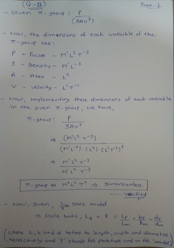 (Q:-11) criven T-group : Page 1 P (SAV) Now, the dimensions of each variable of the T-group are: Р Power M L 27-3 s Density