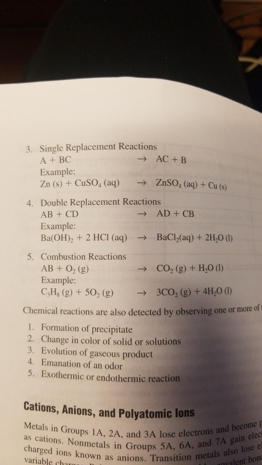 3. Single Replacement Reactions A + BC → AC +B Example: Zn (s) + CuSO4 (aq) → ZnSO4 (aq) + Cu(s) 4. Double Replacement Reacti
