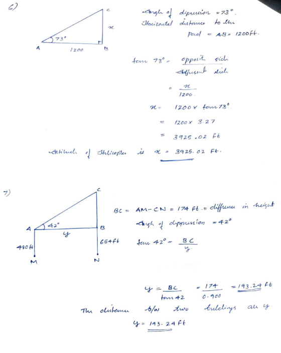 Anghe o Horizontal dipression = 730 distance to the pad - AB- 1200ft. 1200 tan 73° opposit Adjusent sich sich 1200 1200x tam