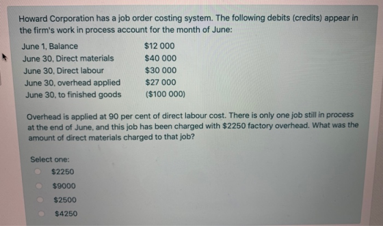 Howard Corporation has a job order costing system. The following debits (credits) appear in the firms work in process accoun
