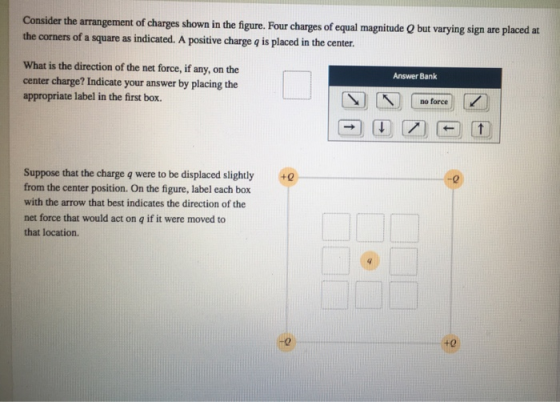 Consider the arrangement of charges shown in the figure. Four charges of equal magnitude Q but varying sign are placedat the corners of a square as indicated. A positive charge q is placed in the center. What is the direction of the net force, if any, on the center charge? Indicate your answer by placing the appropriate label in the first box. Answer Bank no force Suppose that the charge q were to be displaced slightly from the center position. On the figure, label each borx with the arrow that best indicates the direction of the net force that would act on q if it were moved to that location. +0 0 0 +0