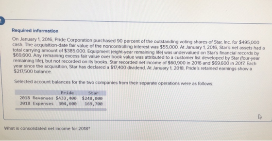 Required information On January 1, 2016, Pride Corporation purchased 90 percent of the outstanding voting shares of Star, Inc