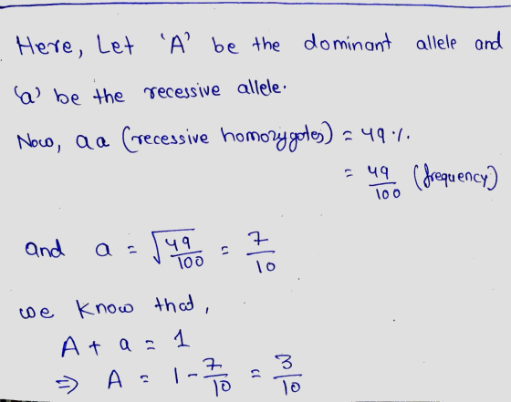 Here, Let A’ be the dominant allele and W be the recessive allele Nowo, Qa (recessive homozygotes) = 49.4. = unge (frequency)