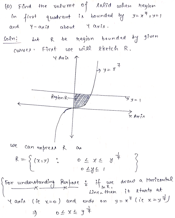 in first (0) Find the volume of solid olid when region quadrant in bounded by y=x y=x7, y=1 and Yaxin about Η ακτλ. Soln! let