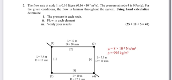 2. The flow rate at node 1 is 0.16 liter/s (0.16 *10-3 m/s). The pressure at node 4 is o Pa (g). For the given conditions, th