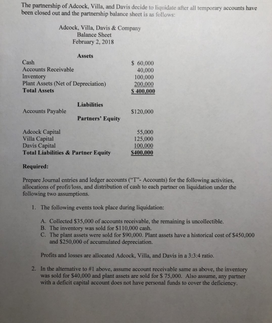 The partnership of Adcock, Villa, and Davis decide to liquidate after all temporary accounts have been closed out and the partnership balance sheet is as follows: Adcock, Villa, Davis &Company Balance Sheet February 2, 2018 Assets Cash Accounts Receivable Inventory Plant Assets (Net of Depreciation) Total Assets 60,000 40,000 100,000 200,000 S 400,000 Liabilities Payable Partners Equity $120,000 Adcock Capital Villa Capital Davis Capital Total Liabilities & Partner Equity 55,000 125,000 100,000 S400,000 Required: Prepare Journal entries and ledger accounts (T- Accounts) for the following activities, allocations of profit/loss, and distribution of cash to each partner on liquidation under the following two assumptions. 1. The following events took place during liquidation: A. Collected $35,000 of accounts receivable, the remaining is uncollectible. B. The inventory was sold for $110,000 cash. C. The plant assets were sold for $90,000. Plant assets have a historical cost of $450,000 and $250,000 of accumulated depreciation Profits and losses are allocated Adcock, Villa, and Davis in a 3:3:4 ratio. 2. In the alternative to #1 above, assume account receivable same as above, the inventory was sold for $40,000 and plant assets are sold for $ 75,000. Also assume, any partner with a deficit capital account does not have personal funds to cover the deficiency.