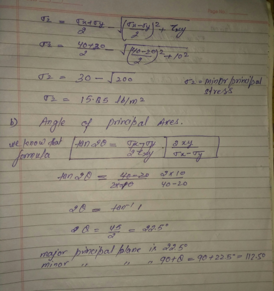Page No. J2 = 30-200 82= minor principal stress 03 - 15.85 lb/m 2 6 Angle of principal Ares. wellnou chant 188.990 = 777 - fa