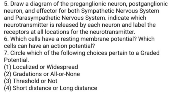 5. Draw a diagram of the preganglionic neuron, postganglionic neuron, and effector for both Sympathetic Nervous System and Pa