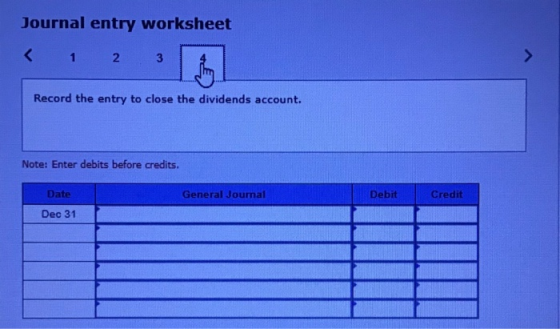 Journal entry worksheet < 1 2 3 Record the entry to close the dividends account. Note: Enter debits before credits. Date Gene