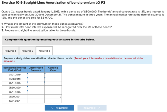 Exercise 10-9 Straight-Line: Amortization of bond premium LO P3 Quatro Co. issues bonds dated January 1, 2019, with a par val