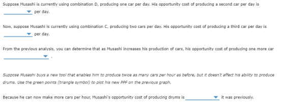 Suppose Musashi is currently using combination D, producing one car per day. His opportunity cost of producing a second car p