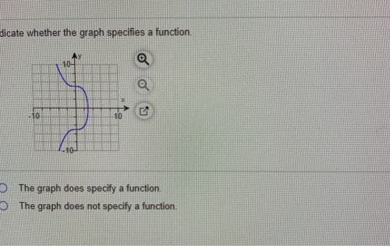 dicate whether the graph specifies a function. The graph does specify a function. The graph does not specify a function.
