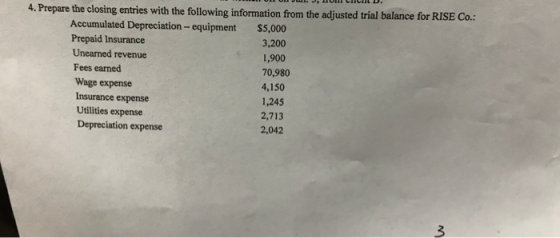4. Prepare the closing entries with the following information from the adjusted Accumulated Depreciation-equipment $5,000 3,200 1,900 Prepaid Insurance Unearned revenue Fees earned Wage expense Insurance expense Utilities expense Depreciation expense 70,980 4,150 1,245 2,713 2,042 3