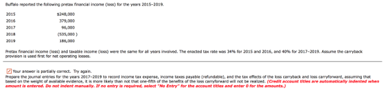 Buffalo reported the following pretax financial income (loss) for the years 2015-2019. 2015 2016 2017 2018 2019 $248,000 379,000 96,000 (535,000) 186,000 Pretax financial income (loss) and taxable income (loss) were the same for all years involved. The enacted tax rate was 34% for 2015 and 2016, and 40% for 2017-2019. Assume the carryback provision is used first for net operating losses. Your answer is partially correct. Try again. Prepare the journal entries for the years 2017-2019 to record income tax expense, income taxes payable (refundable), and the tax effects of the loss carryback and loss carryforward, assuming that based on the weight of available evidence, it is more likely than not that one-fifth of the benefits of the loss carryforward will not be realized. (Credit account titles are automatically indented when amount is entered. Do not indent manually. If no entry is required, select No Entry for the account titles and enter 0 for the amounts.)