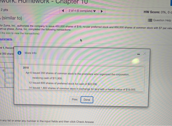 work. Molliework - Unapter TU 2 of 4 (0 complete) HW Score: 0%, 0% 2 pts (similar to) Question Help or Zuma, Inc., authorizes