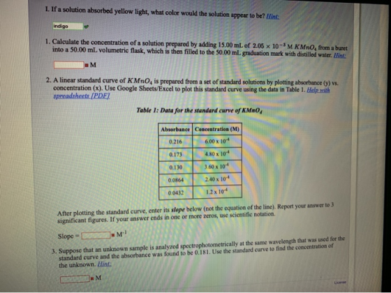 1. If a solution absorbed yellow light, what color would the solution appear to be? Hint indigo 1. Calculate the concentratio