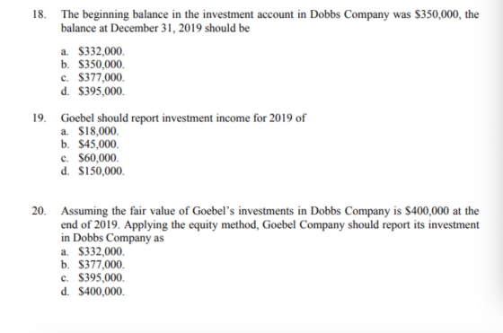 18. The beginning balance in the investment account in Dobbs Company was $350,000, the balance at December 31, 2019 should be