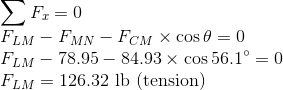 Fr=0 FLM - FMN – FCM X cos 0 = 0 FLM – 78.95 – 84.93 x cos 56.1° = 0 FLM = 126.32 lb (tension)