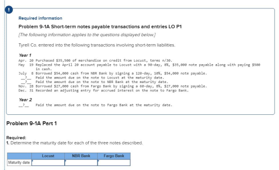 Required information Problem 9-1A Short-term notes payable transactions and entries LO P1 [The following information applies