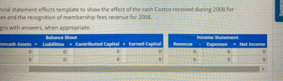 Toddns ncial statement effects template to show the effect of the cash Costco received during 2008 for es and the recognition