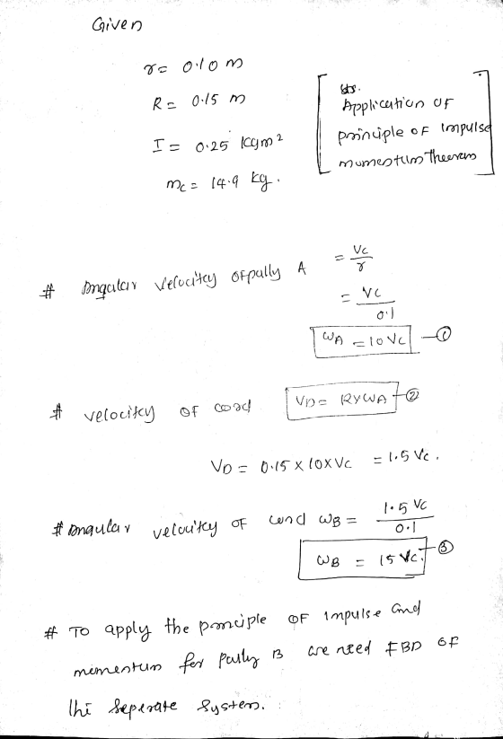 Given ra olom Stos R = 0.15 m Application of principle of Impulse momestum theeran I - 0.25 kcam 2 Mc = 14.9 kg ve VC ४ Anqat