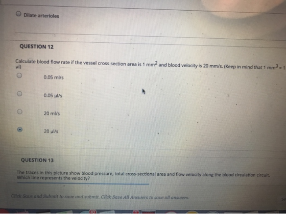 Dilate arterioles QUESTION 12 Calculate blood flow rate if the vessel cross section area is 1 mm2 and blood velocity is 20 mm