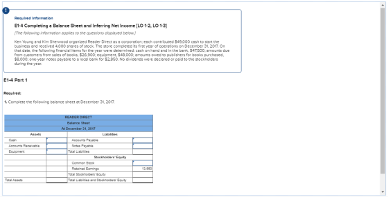 Required Information E1-4 Completing a Balance Sheet and Inferring Net Income [LO 1-2, LO 1-3] [The following information app