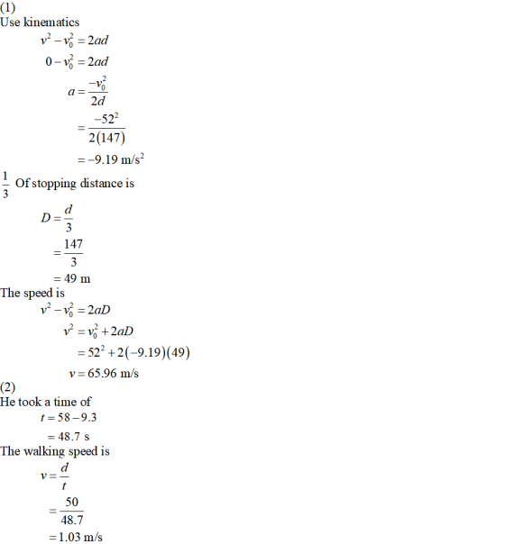Use kinematics 0-vad 2d 522 2(147) -9.19 m/s2 Of stopping distance is 147 - 49 m The speed is 522+2(-9.19)(49) v= 65.96 m/s He took a time of t 58-9.3 48.7 s The walking speed is 50 48.7 m/s