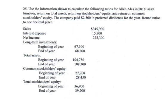 25. Use the information shown to calculate the following ratios for Allen Ales in 2018: asset turnover, return on total asset