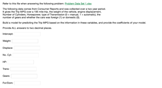Refer to this file when answering the following problem: Problem Data Set 1.xlsx The following data comes from Consumer Reports and was collected over a two year period It gives the Trip MPG over a 195 mile trip, the weight of the vehicle, engine displacement, Number of Cylinders, Horsepower, type of Transmission (0manual, 1-automatic), the number of gears and whether the cars was foreign (1) or domestic (0) Build a model for predicting the Trip MPG based on the information in these variables, and provide the coefficients of your model. Provide ALL answers to two decimal places. Intercept: Weight: Displace: No. Cyl: HP: Trans: Gears: For/Dom: