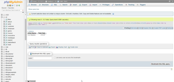 phpMyAdmin Server: 127.0.0.1 >> Database: cd >> Table Artist Browse Structure SQL Search * Insert Export Import Privileges Op