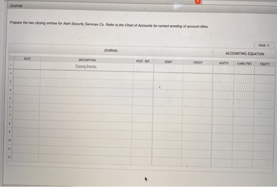 Journal Prepare the two closing entries for Alert Security Services Co. Refer to the Chart of Accounts for correct wording of