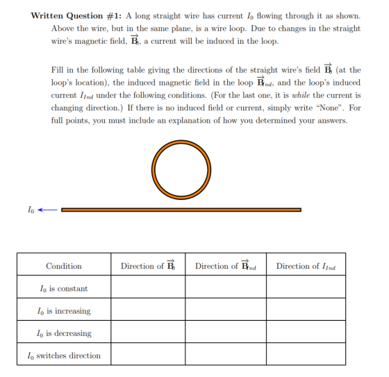 Written Question #1 : A long straight wire has current lo flowing through it as shown. Above the wire, but in the same plane,