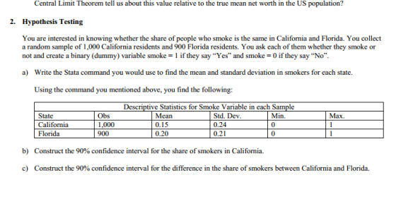 Central Limit Theorem tell us about this value relative to the true mean net worth in the US population? 2. Hypothesis Testing You are interested in knowing whether the share of people who smoke is the same in California and Florida. You collect a random sample of 1,000 California residents and 900 Florida residents. You ask each of them whether they smoke or not and create a binary (dummy) variable smoke 1 if they say Yes and smoke 0 if they say No a) Write the Stata command you would use to find the mean and standard deviation in smokers for each state Using the command you mentioned above, you find the following: Descriptive Statistics for Smoke Variable in each Sample Obs 1,000 900 State Mean 0.15 0.20 Std. Dev 0.24 0.21 Min. 0 0 Max California Florida Construct the 90% confidence interval for the share of smokers in California. Construct the 90% confidence interval for the difference in the share of smokers between California and Florida. b) c)
