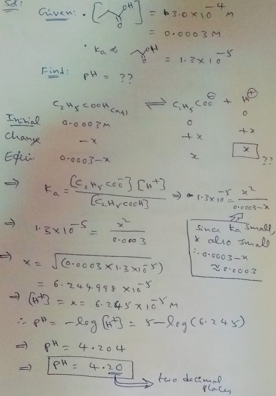 39 - 4 3.0 X10 ren: M 0.0003 M Kaol joH = 2 -5 1.3 x 1o Find: pH = ?? Initial change Hy cool cad) oroooom. -X 0-0003-x - 282